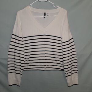 Divided H&M Sweater V Neck Black Cream White Stripe Nautical Knit Top Sz M
